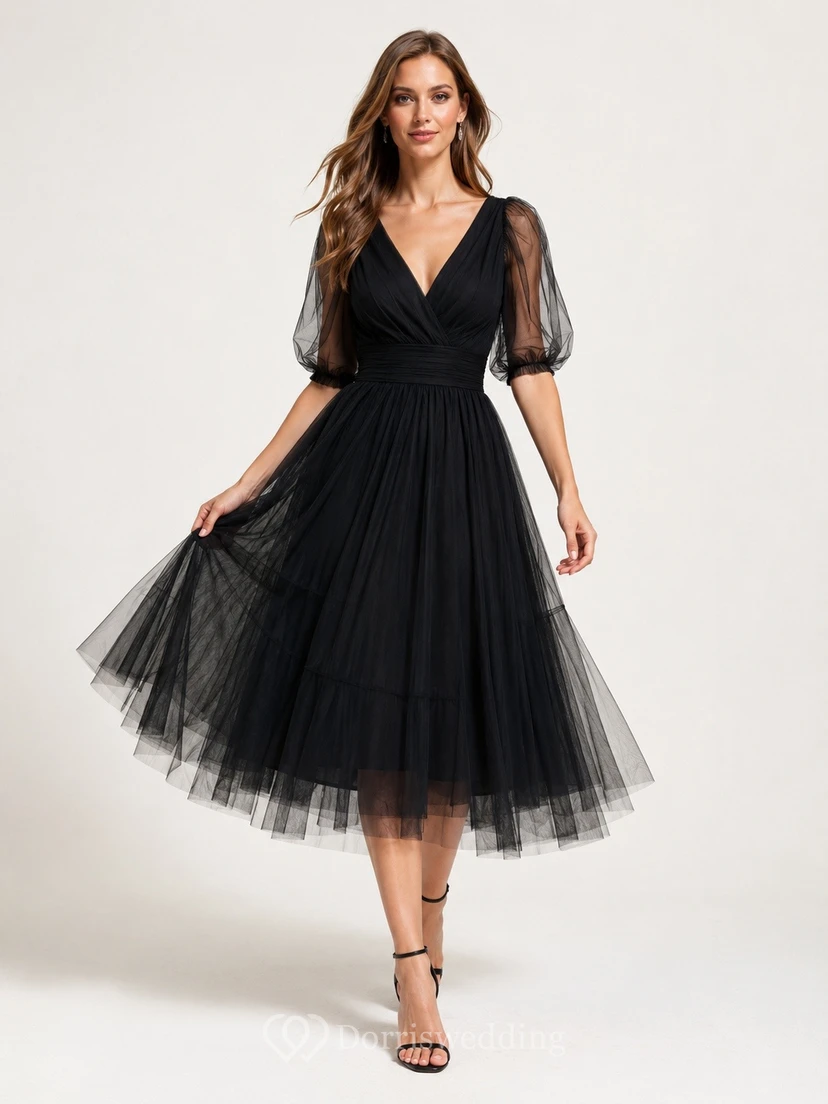 Vestido de noche negro de tul con escote en V, manga larga, corte en A y largo hasta la rodilla