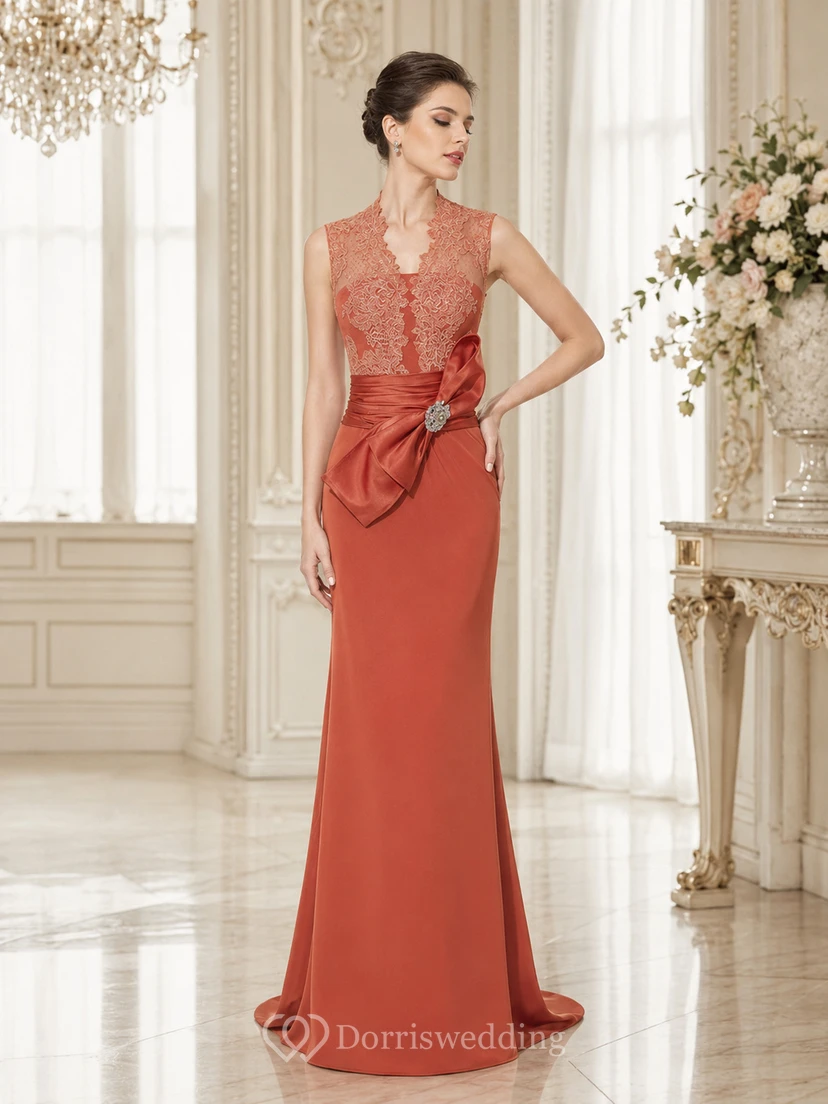 Sheath V-Neck Bowed Floor-Length Sleeveless Jersey&Lace Prom Dress With Appliques