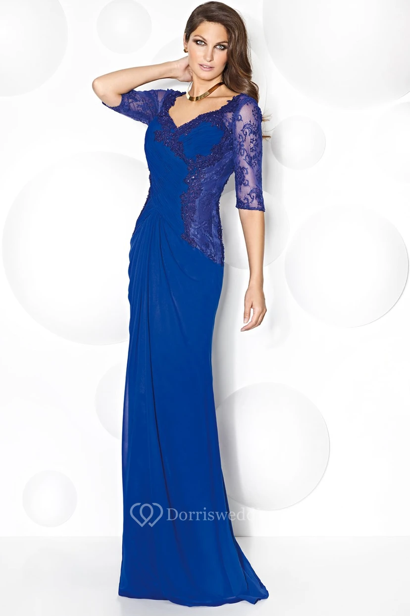 Sheath V-Neck Half Sleeve Appliqued Chiffon Mother Of The Bride Dress With Draping