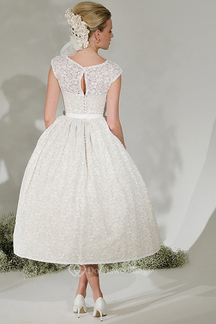 Tea-Length A-Line Cap Sleeve Ribboned Scoop Neck Lace Wedding Dress view 2