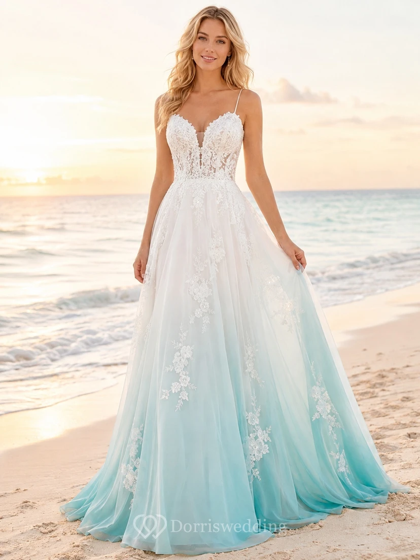 Türkisfarbenes A-Linien-Brautkleid mit herzförmigem Ausschnitt, Tüll, floralem Muster und Boho-Stil für Strandhochzeiten
