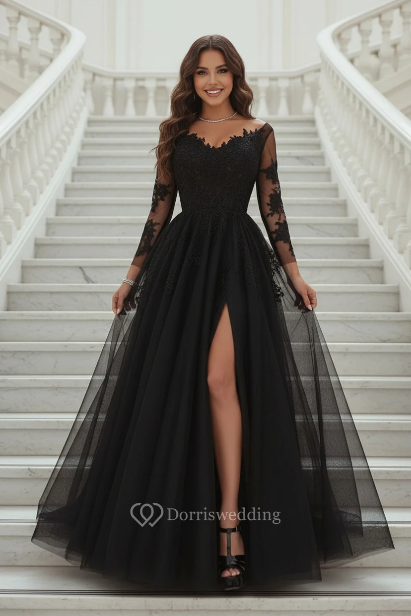 Schwarzes, langärmeliges Abendkleid aus Spitze und Tüll mit hohem Schlitz in A-Linie – formelles Ballkleid