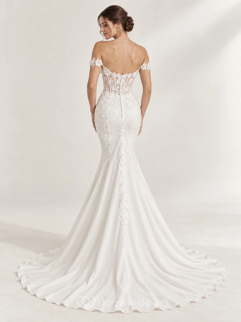 Plain Smooth Skirt Off Shoulder Sweetheart Mermaid Short Sleeve Applique Lace Floor Length Wedding Dress view 2