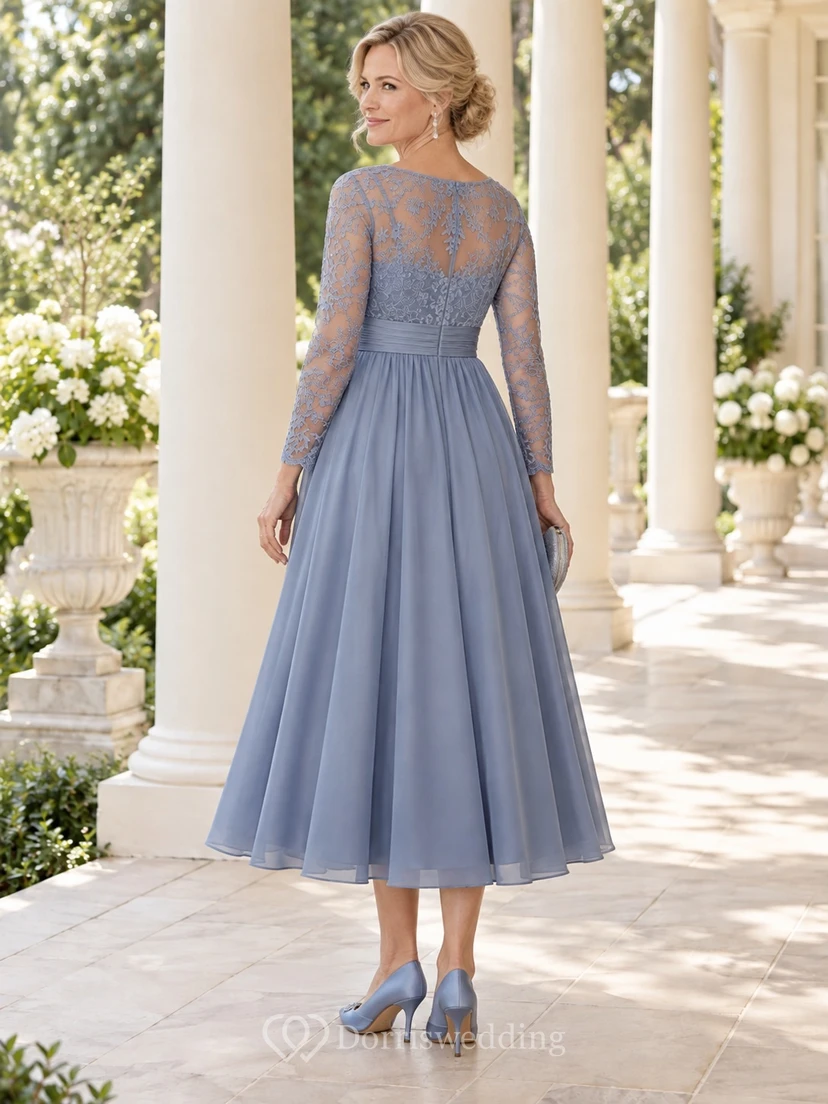 Staubblaues Mutter-der-Braut-Kleid im Empire-Stil, A-Linie, Teelänge, Chiffon, Spitzenärmel view 2