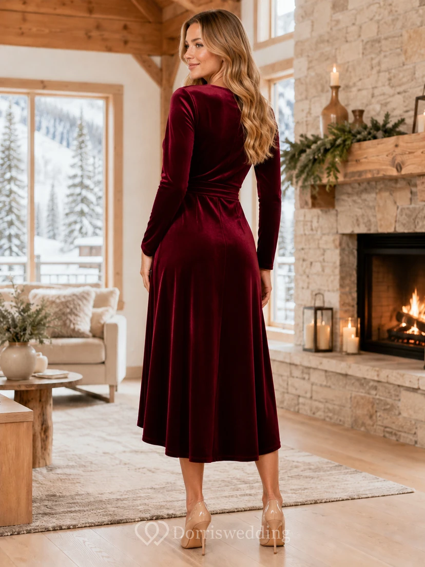 Burgundy V Neck Long Sleeve Velvet Wrap High Low Wedding Guest Dress view 2
