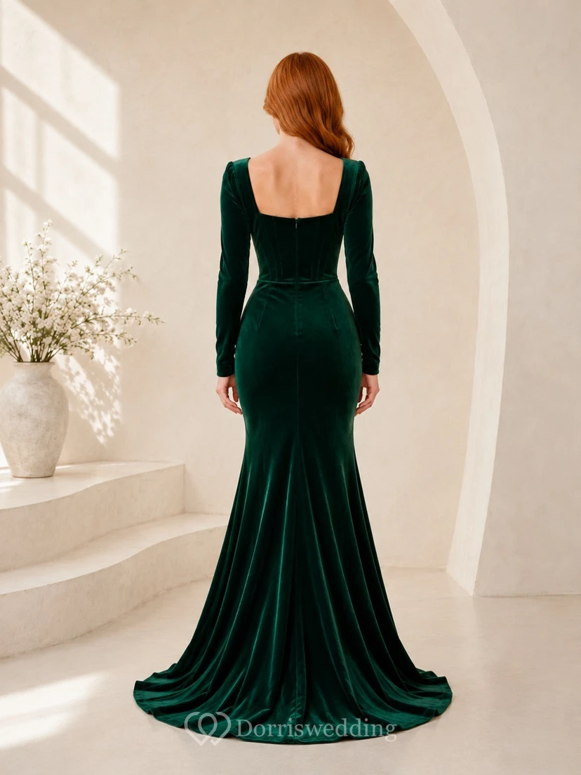 Dark Green Velvet Square Neck Long Sleeve Mermaid Sweep Evening Gown view 2