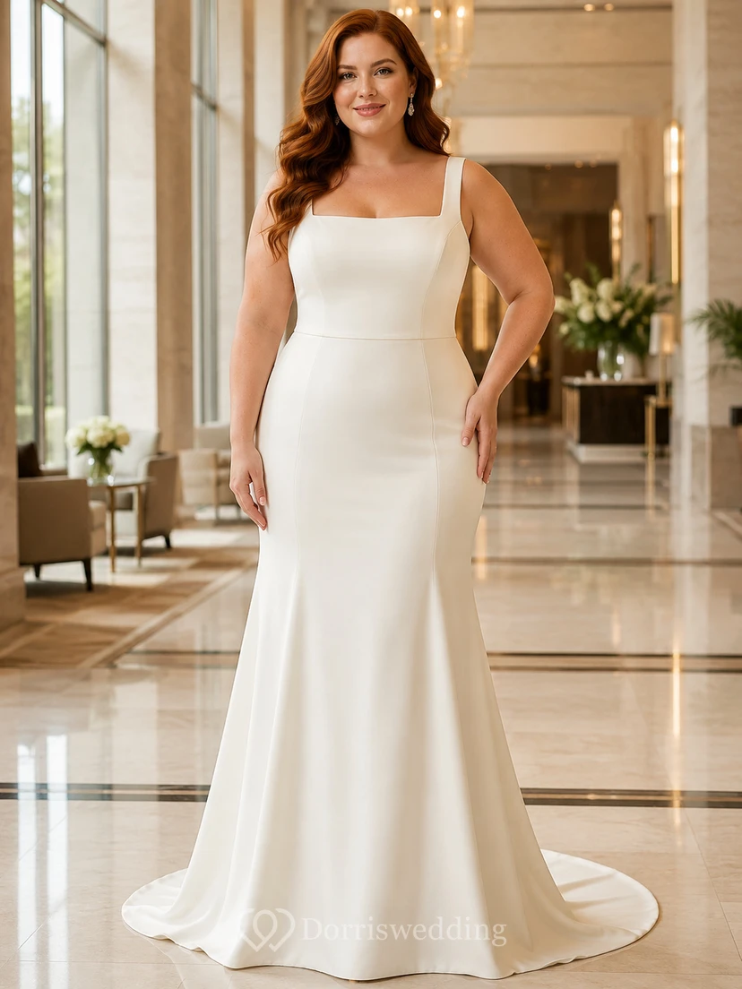 Vestido de novia minimalista de satén elástico estilo sirena con escote cuadrado, sin mangas y cola larga.