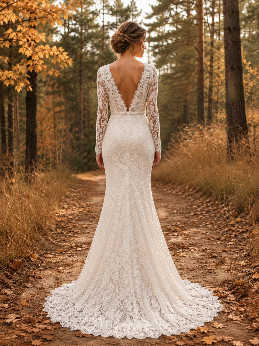 Autumn Long Sleeve V-Neck Lace Mermaid Forest Elopement Gown view 2