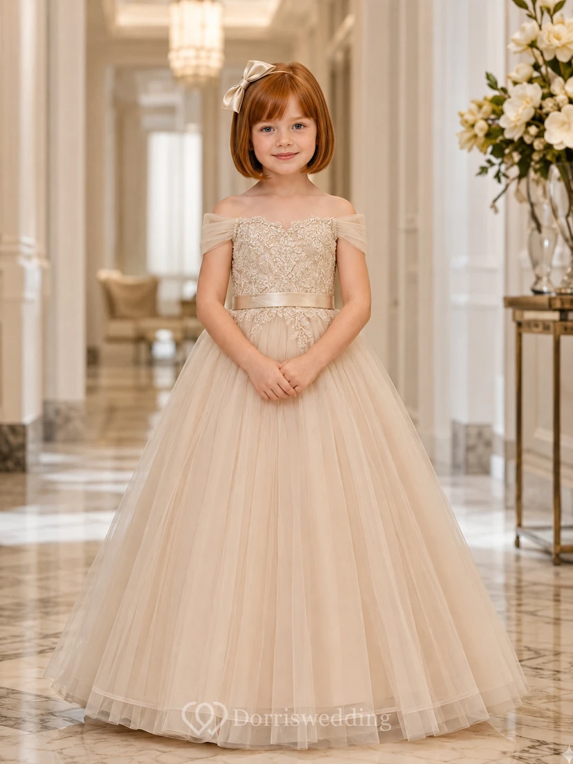 Blumenmädchenkleid aus champagnerfarbenem Tüll, A-Linie, schulterfrei, bodenlang