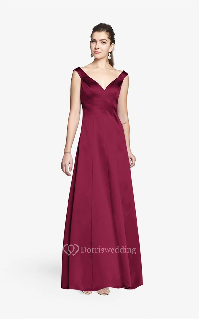 Simple V-neckline Floor-length Satin Dress With Cap Sleeves view 8