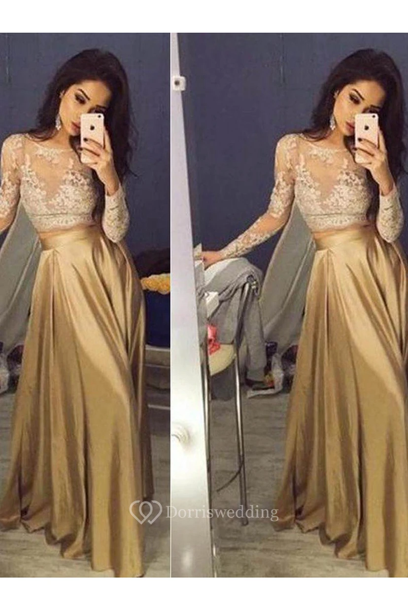 A-Line Satin Lace Jewel Long Sleeve Zipper Dress