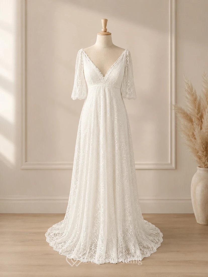 Half-sleeve V-neck Lace Boho Country Empire Wedding Dress view 7