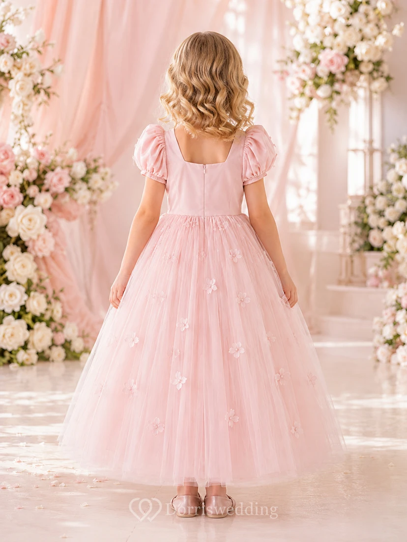 Blumenmädchenkleid aus rosafarbener Spitze und Tüll, A-Linie, kurze Ärmel, Rundhalsausschnitt, Teelänge view 2