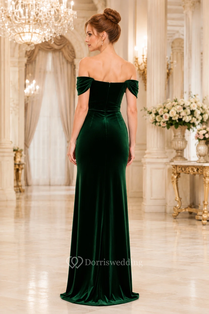 Emerald Velvet Off-the-Shoulder Sheath Evening Dress view 2