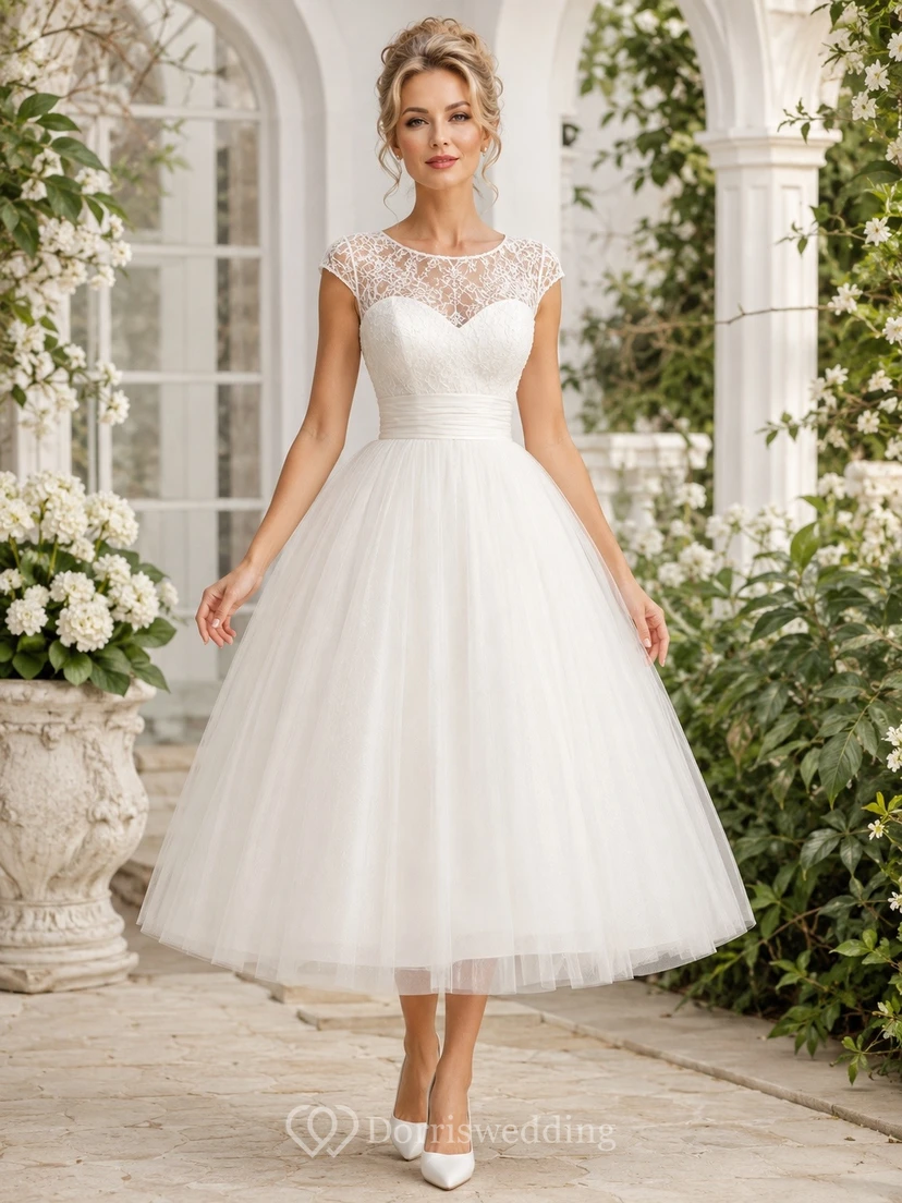 White Lace Short Sleeve Sweetheart Tulle Tea-Length A-Line Dress