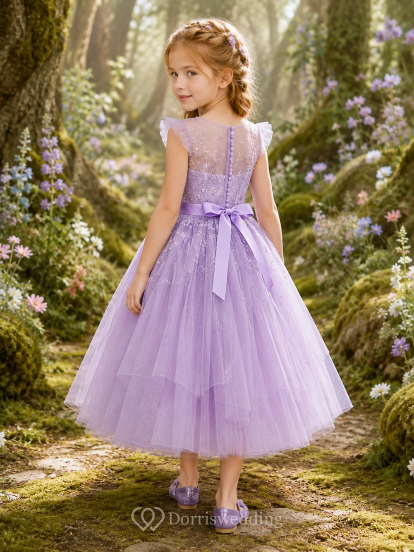 Lavender Bohemian A-Line Tulle Flower Girl Dress Sleeveless Scoop Neck Tea-Length Garden Bow view 2