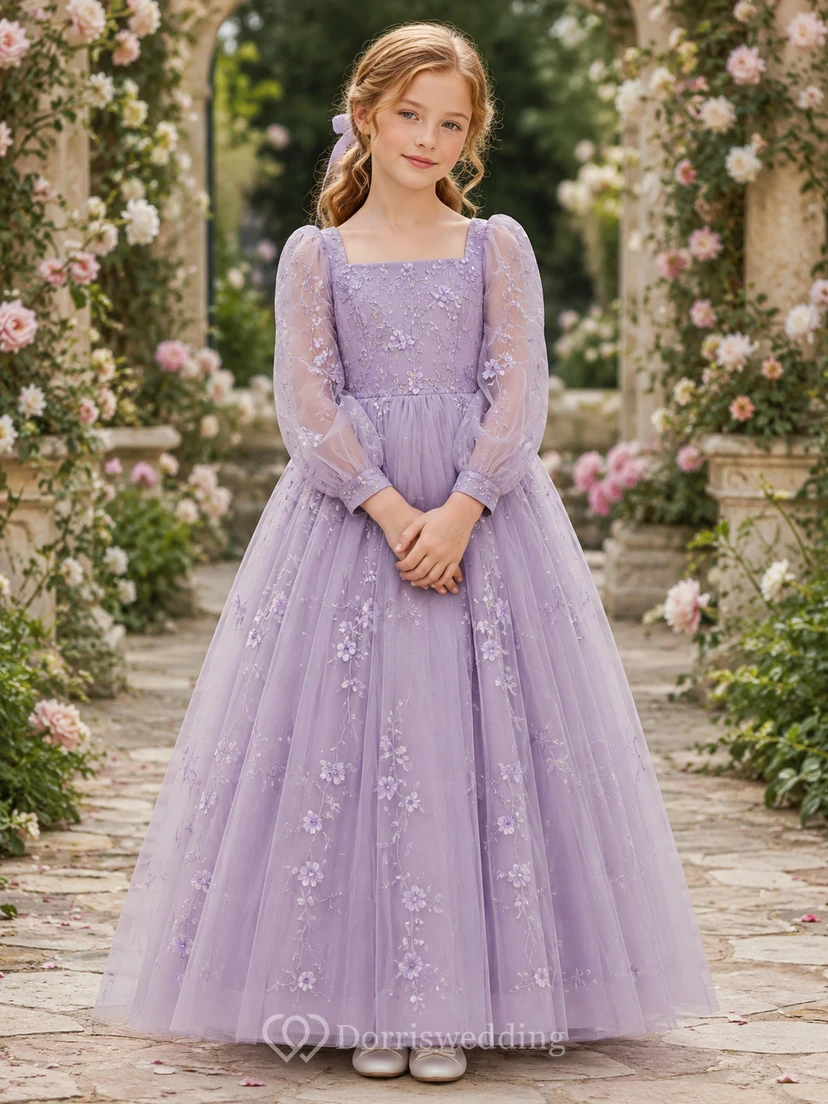 Lavender Tulle A-Line Flower Girl Dress with Short Sleeves, Jewel Neck, Tea-Length Skirt and Bow Detail