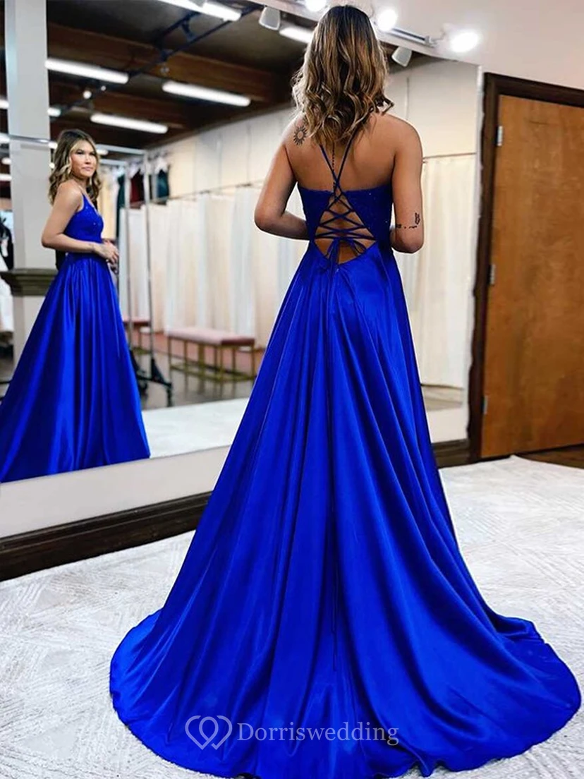 Spaghetti Navy A-line Front Split Empire Prom Dress with Lace Top view 2