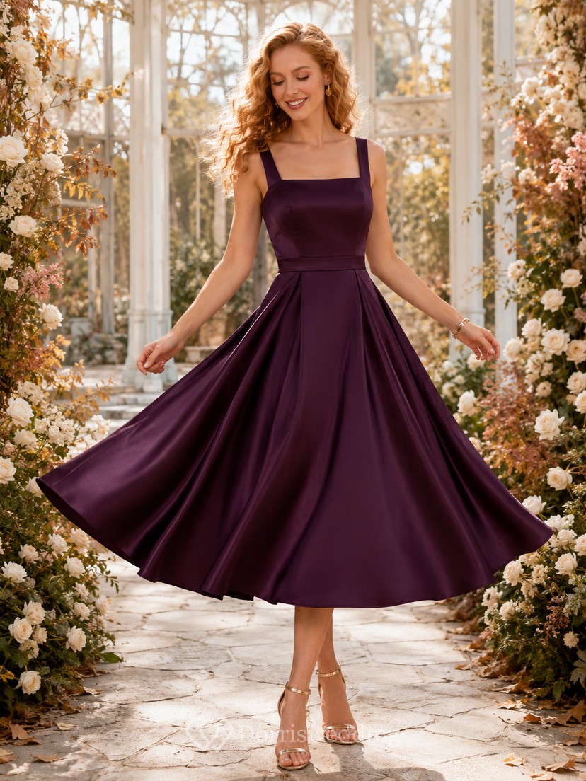 Plum Square Neck Satin Full Tea Length Guest Dress | Dorris Wedding