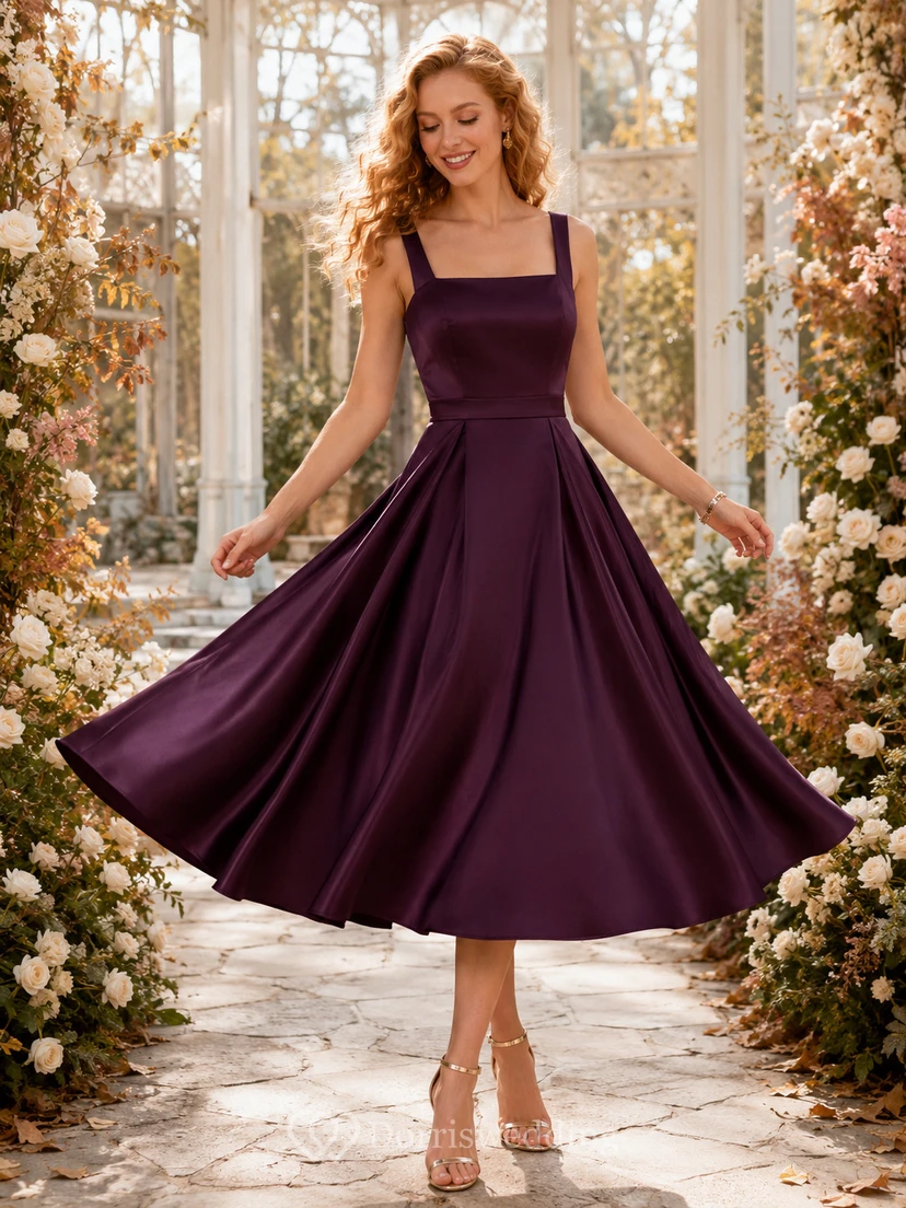 Robe d'invitée prune en satin à col carré et longueur thé