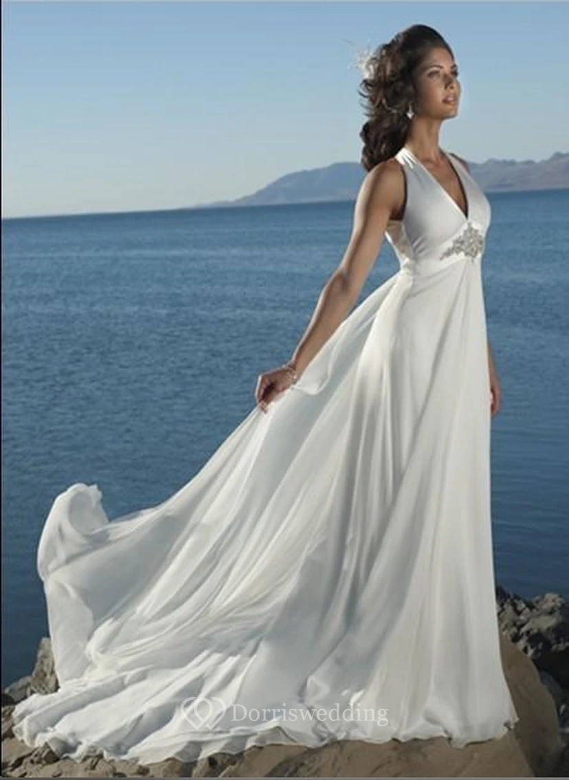 Etuikleid im Empire-Stil mit V-Ausschnitt, aus Chiffon, schlichtes Strand-Hochzeitskleid view 2