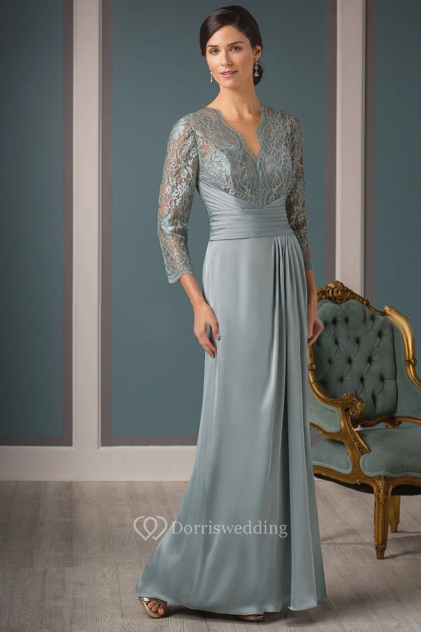 3-4 Sleeved Long Mother Of The Bride Dress With Pleats And V-Back