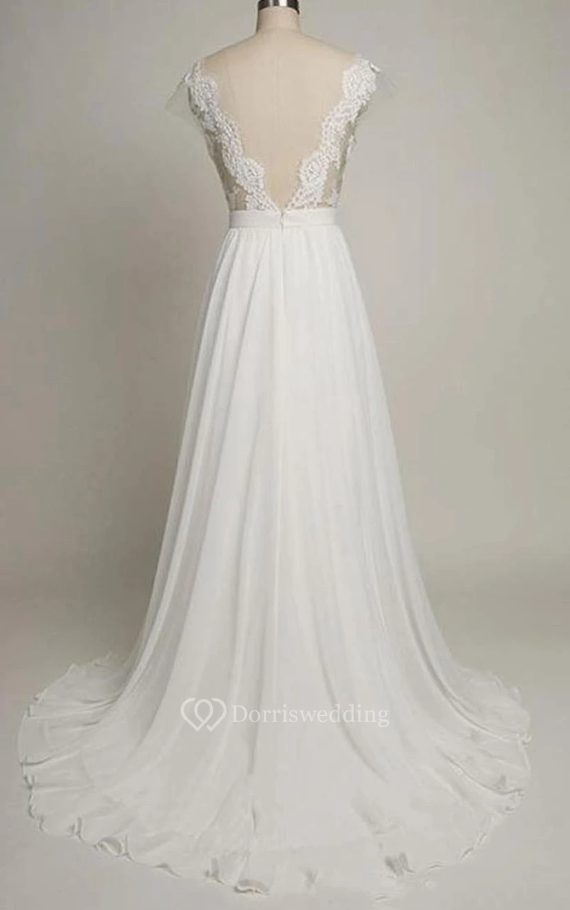 A-Line Tea-Length Sweetheart Cap Sweep Train Backless Chiffon Lace Dress view 2