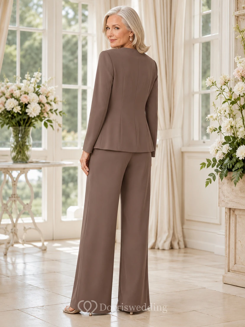 Taupe Mother Jumpsuit with Jewel Neck Asymmetrical Jacket and Wide Leg Pants view 2