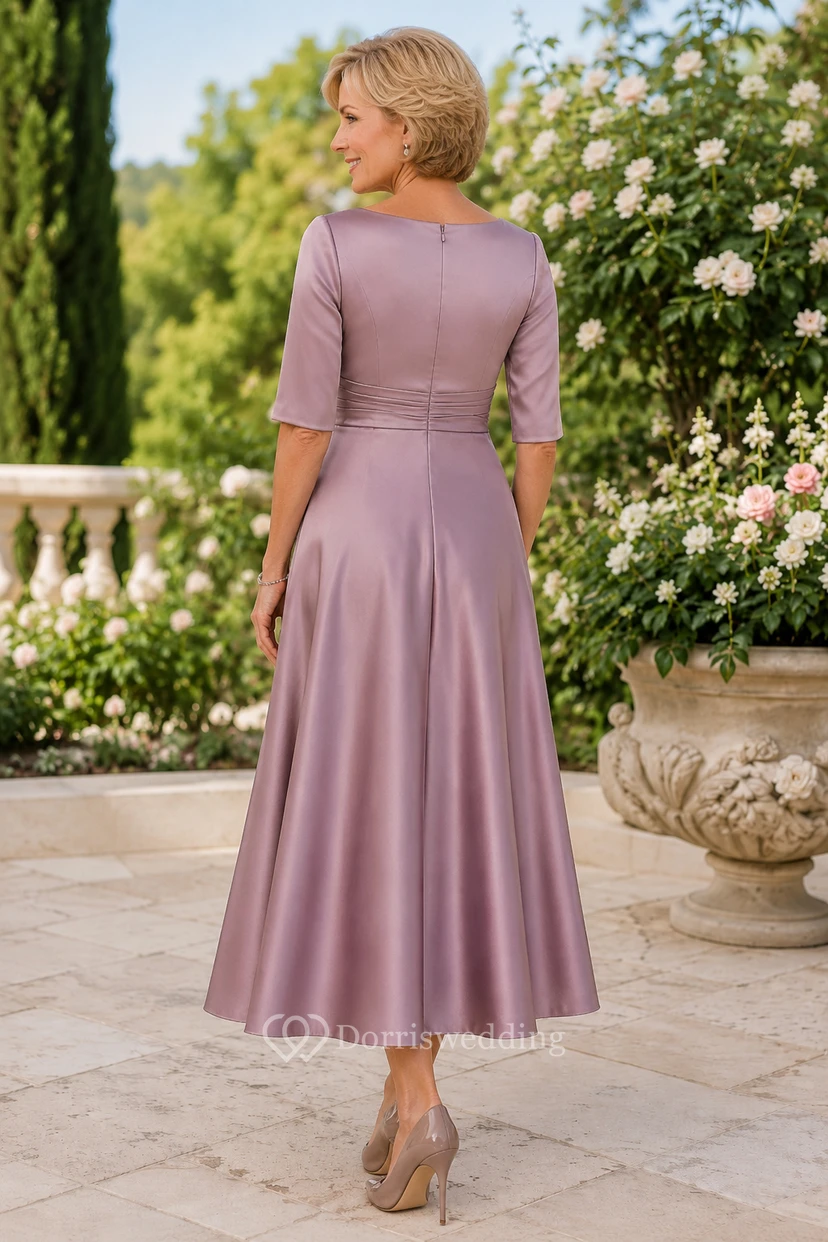 Dusty Rose Satin Tea-Length Mother Dress with Three Quarter Sleeves view 2