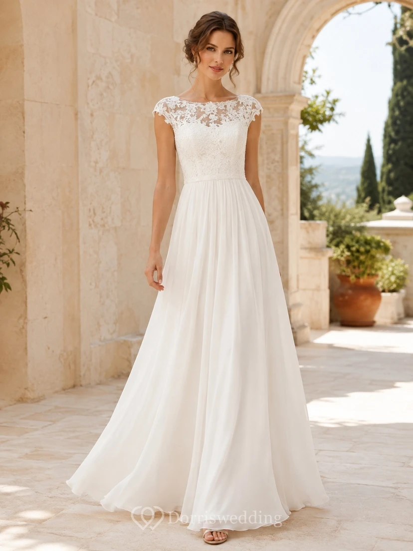 Elegantes Brautkleid aus Chiffon mit kurzen Ärmeln, A-Linie und bodenlang, aus Spitze und Spitze