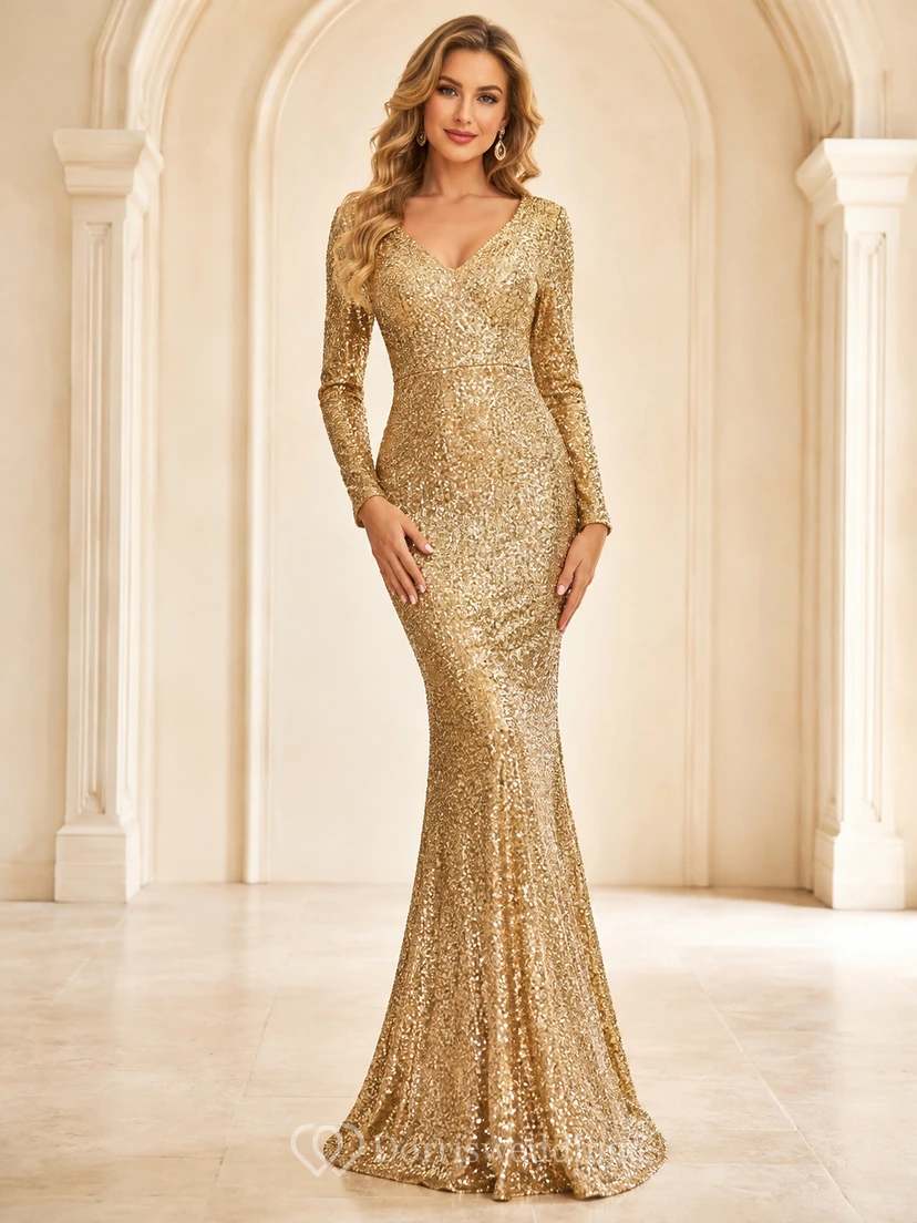 Vestido de noche formal de lujo hasta el suelo, largo hasta el suelo, con escote en V, lentejuelas y manga larga, color dorado áureo.