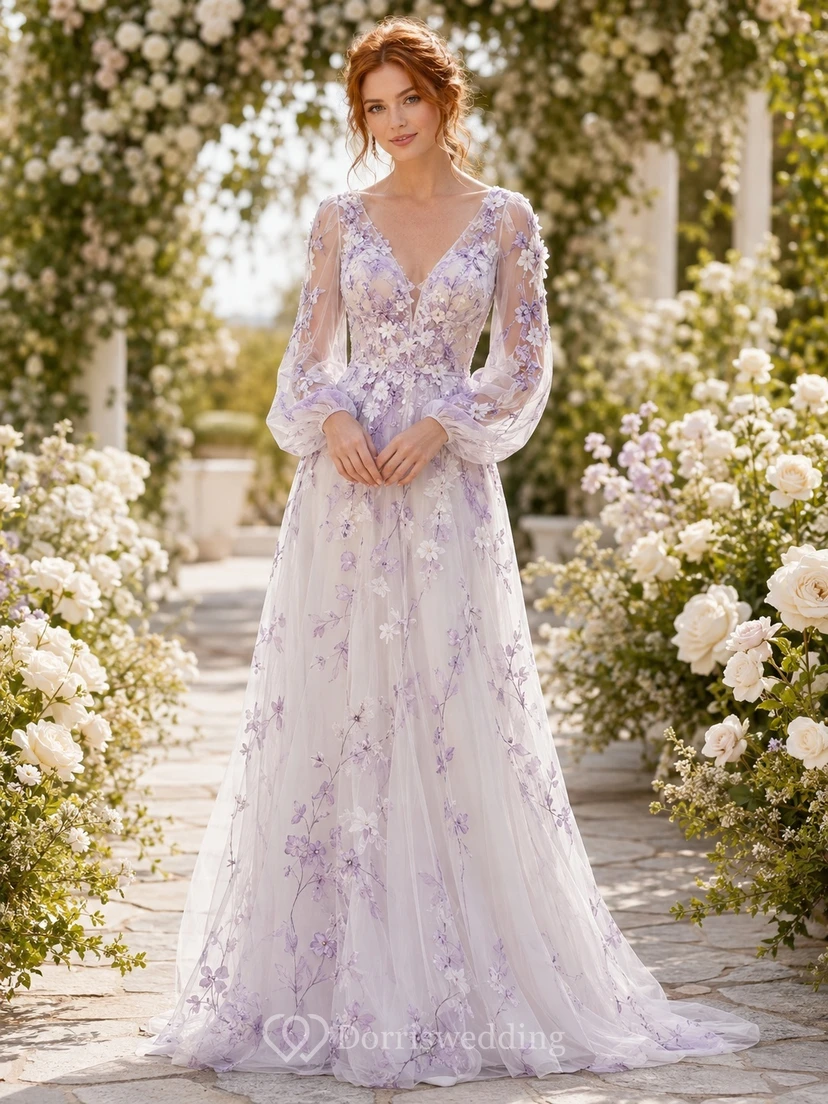 Lavendelfarbenes Brautkleid aus Chiffon mit Blumenmuster in A-Linie, V-Ausschnitt, langen Ärmeln und Kapellenschleppe