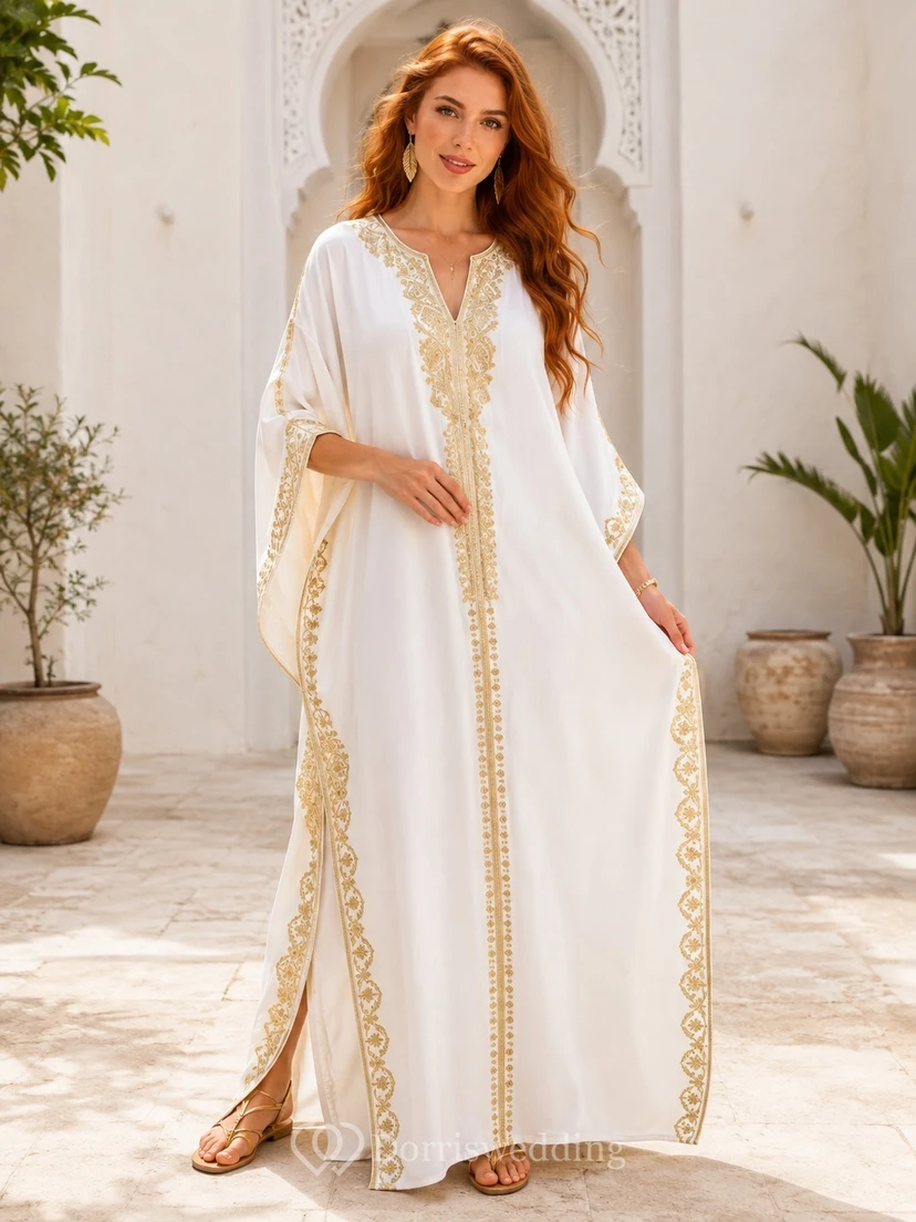 White Gold Chiffon Bell Sleeve V-Neck Split A-Line Floor Kaftan Dress