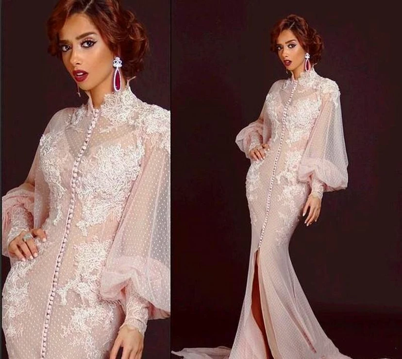 Modern High Neck Long Sleeve Mermaid Prom Dress With Lace Appliques view 2