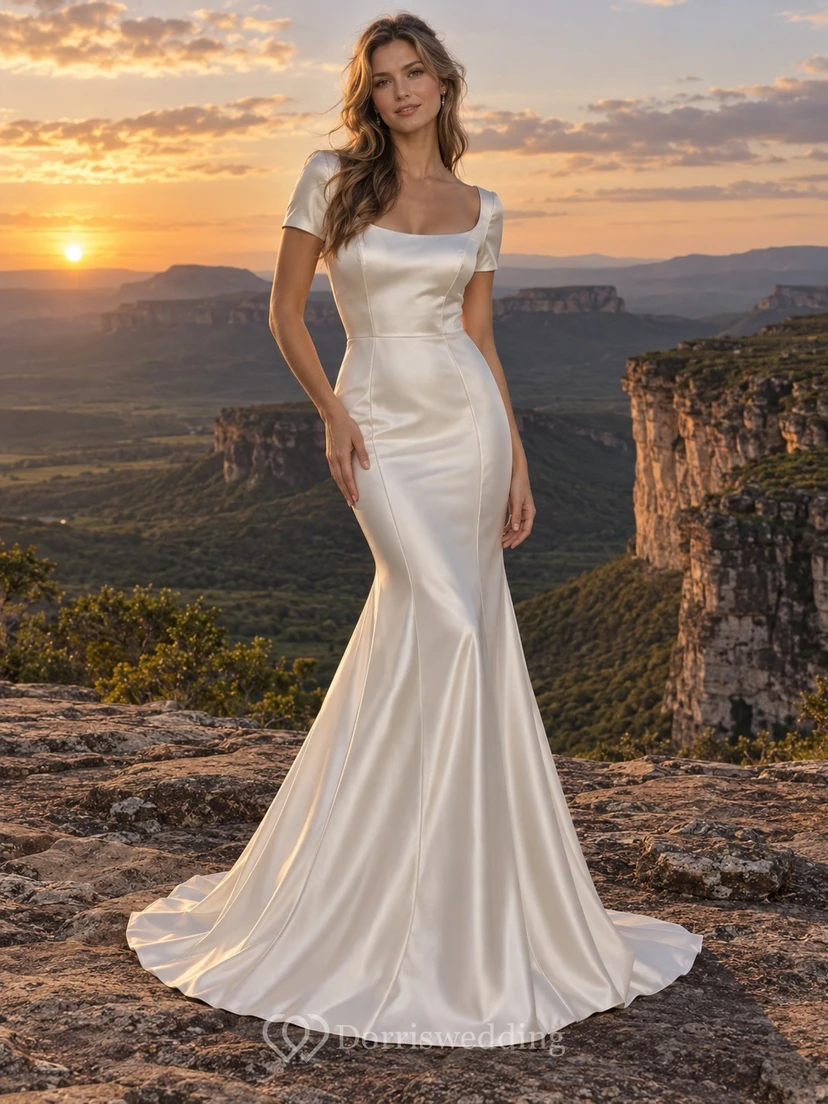 Mermaid Scoop Neck Short-sleeve Charmeuse Wedding Dress with Simple Bodice and Sweep Train