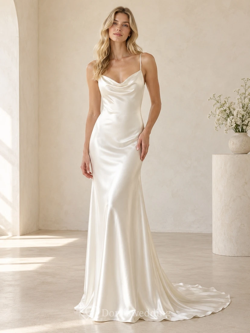 Simple Cowl Neck Spaghetti Strap Satin Sheath Wedding Dress