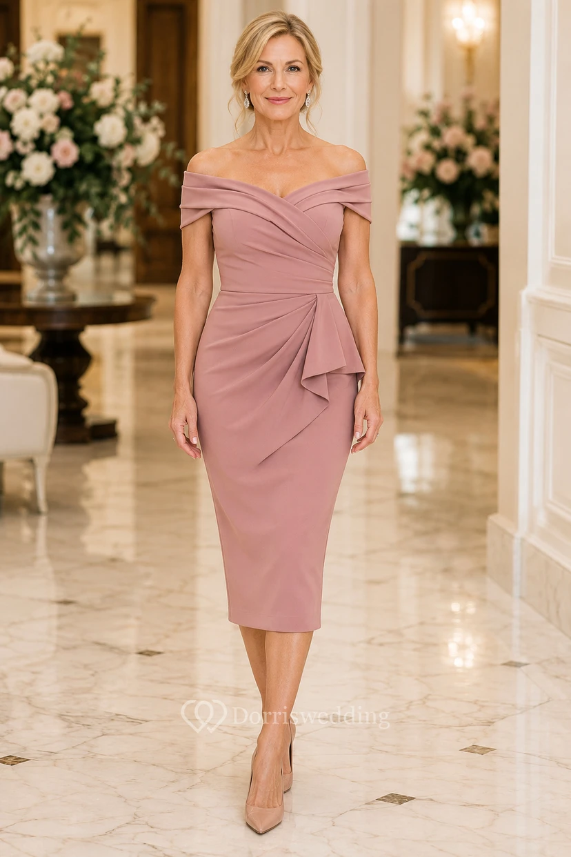 MOB Kleid, altrosafarben, Stretch-Satin, Etuikleid, kurze Ärmel, schulterfrei, knielang, gerafft