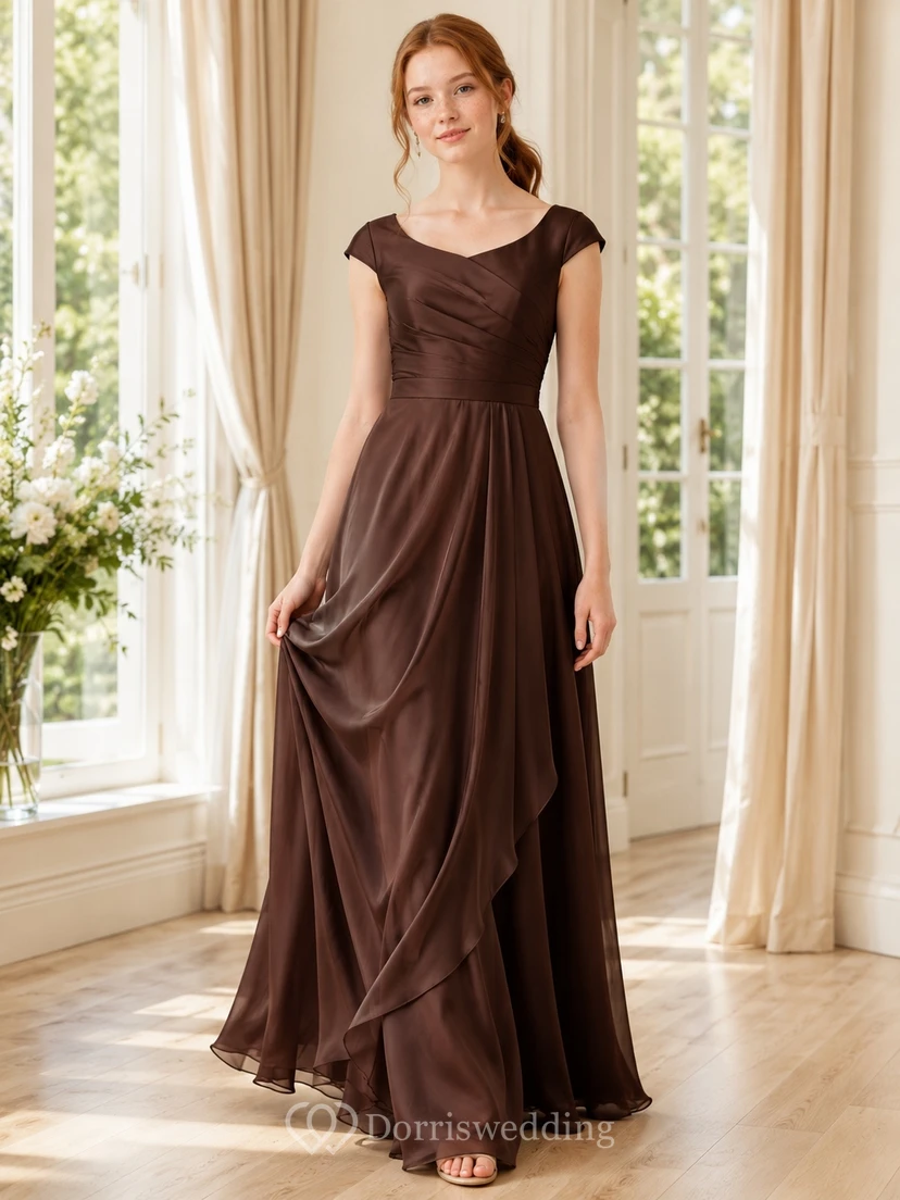 Vestido de dama de honor juvenil marrón, corte en A, escote en V, manga corta, drapeado romántico.