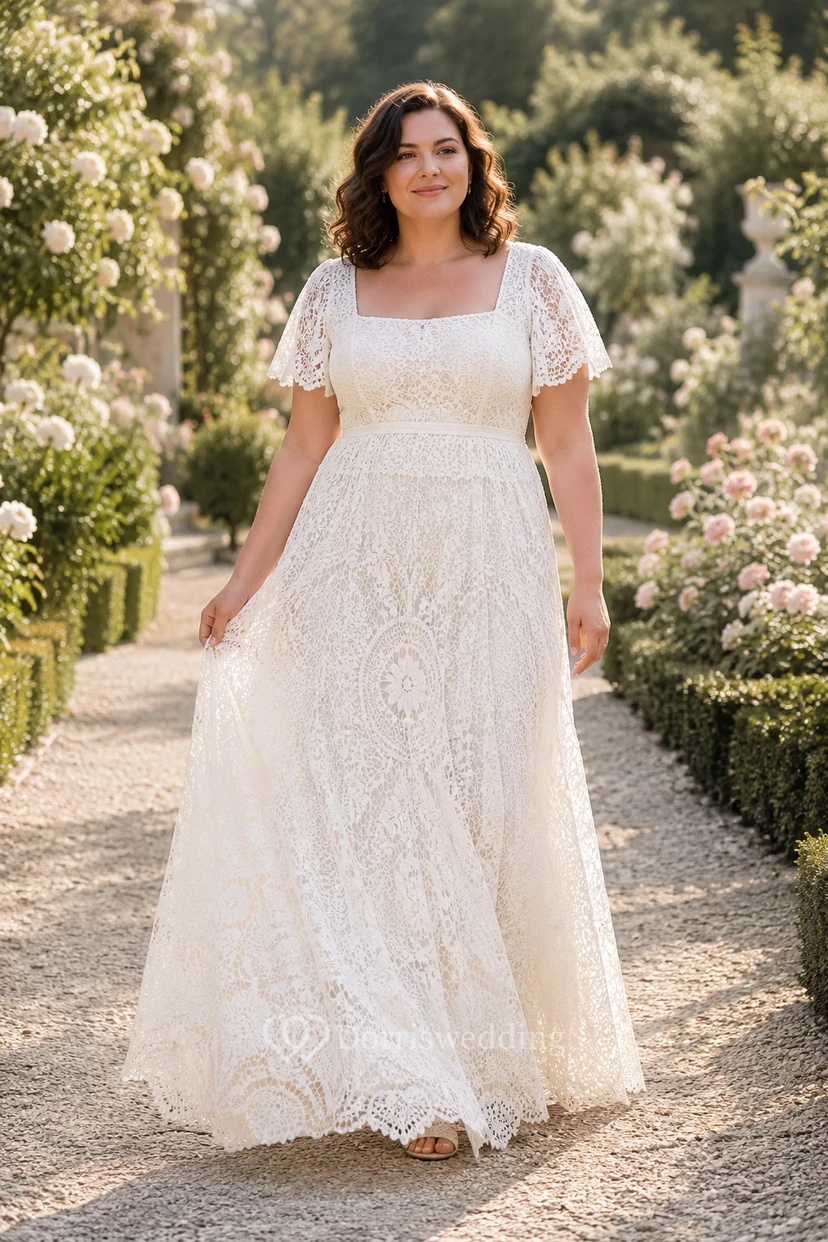 Robe de mariée grande taille en dentelle, coupe trapèze, col carré et manches courtes, style jardin.
