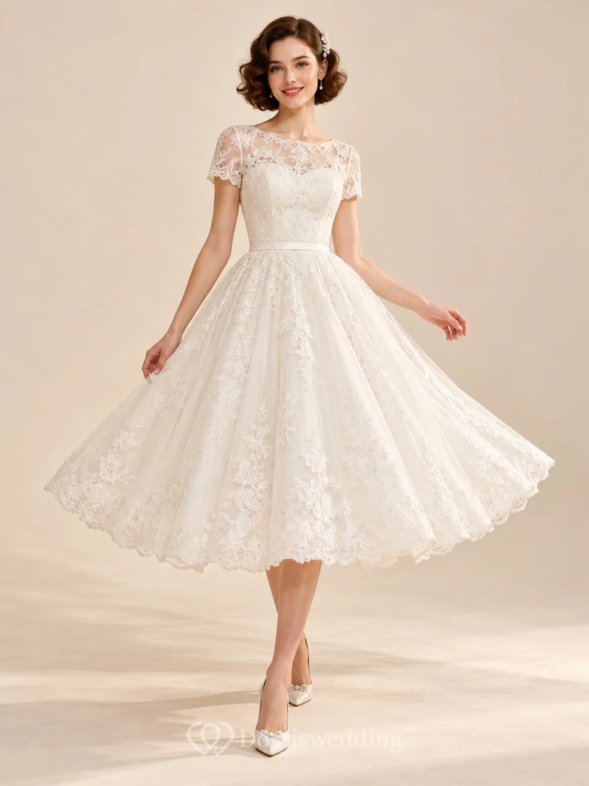 Tea-length Short Sleeve Illusion Floral Lace A-line Wedding Dress