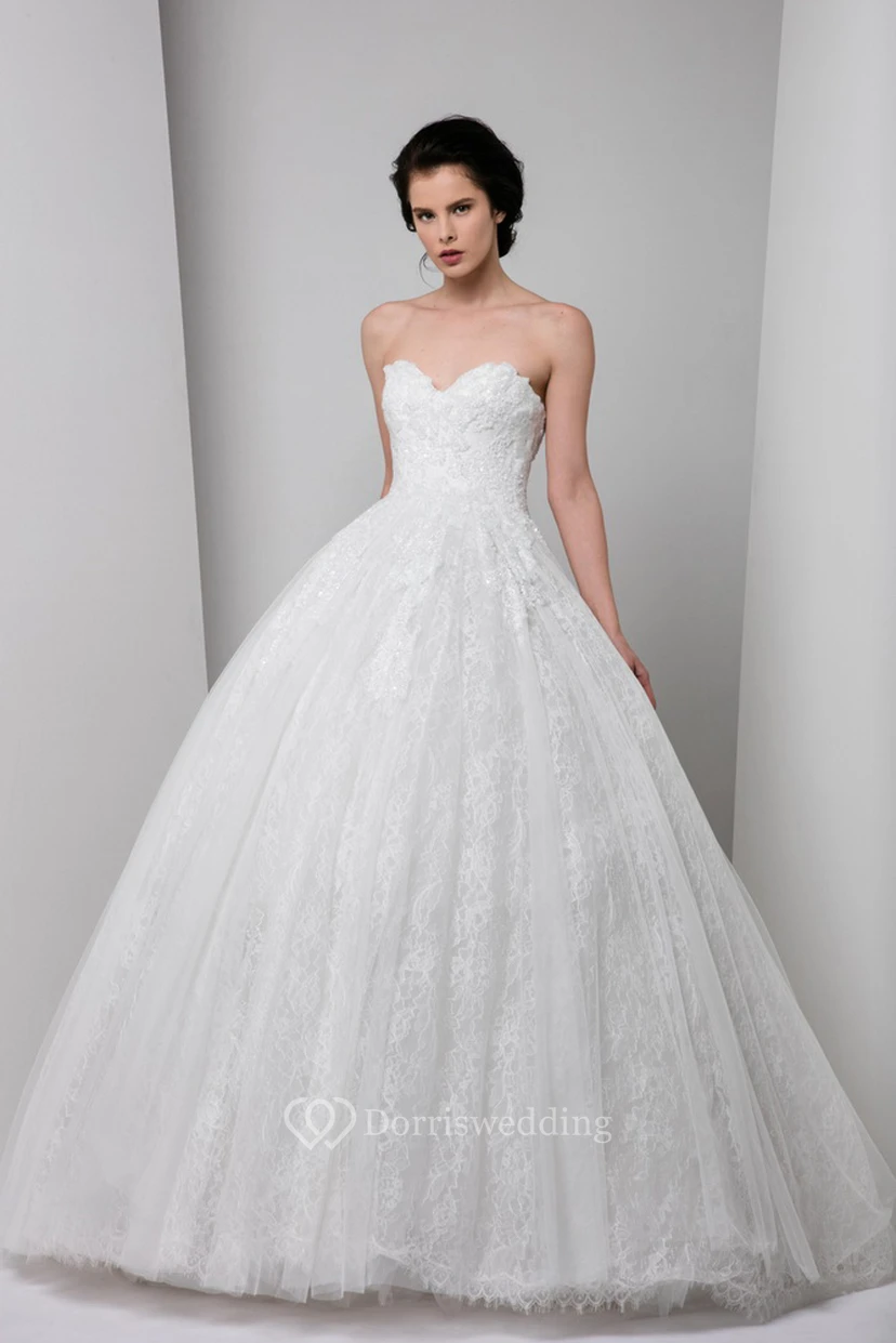 Ball Gown Maxi Appliqued Sweetheart Lace Wedding Dress With Beading And V Back