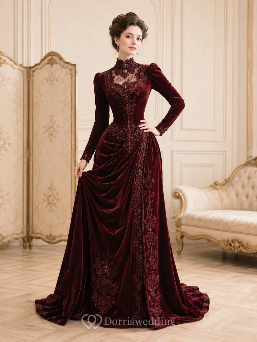 Burgunderfarbenes Samt-Abendkleid im edwardianischen Stil mit hohem Kragen und langen Ärmeln