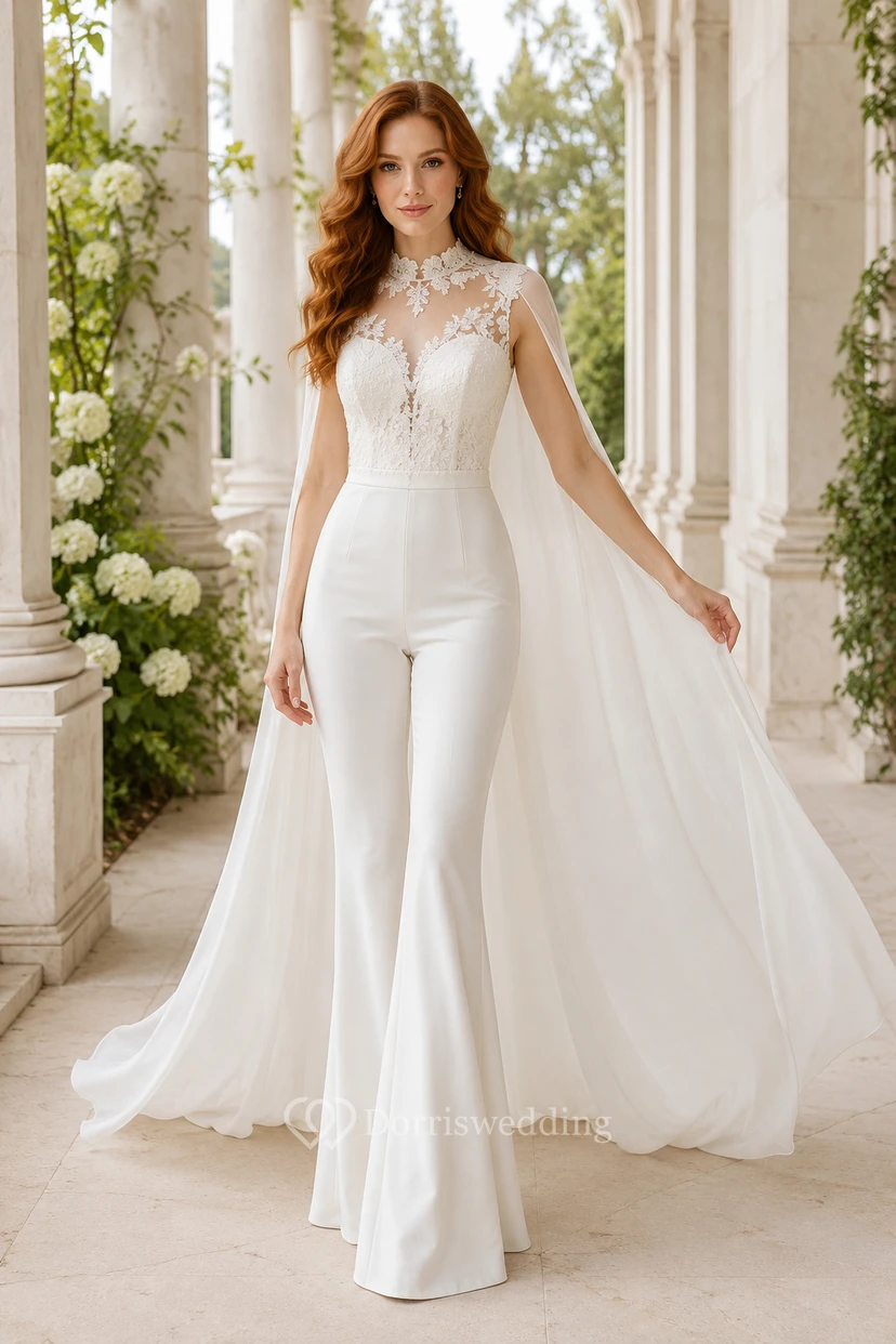Combinaison de mariée blanche en dentelle avec corsage et traîne en mousseline.