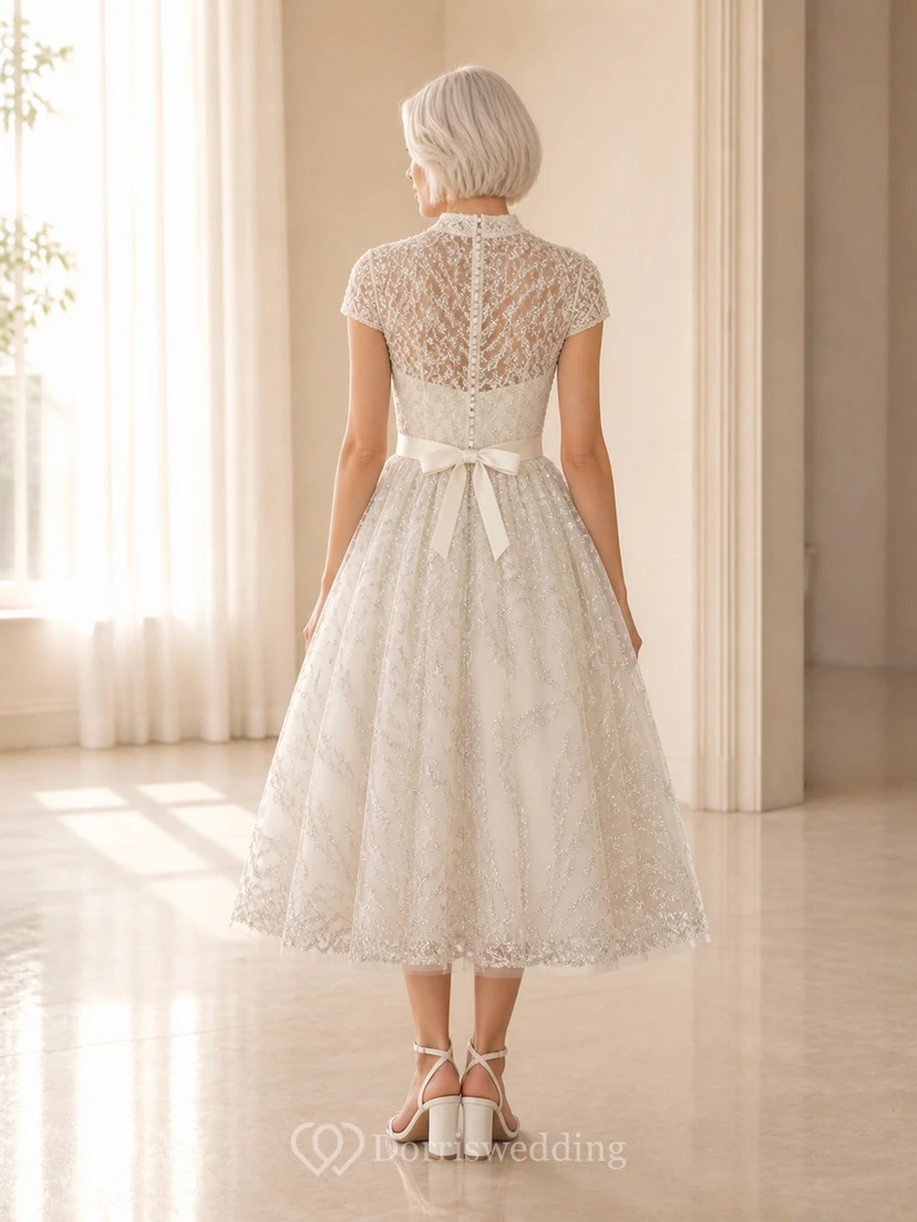 Modest Older Mother Tea-length High Neck Lace Cap Sleeve Dress view 2