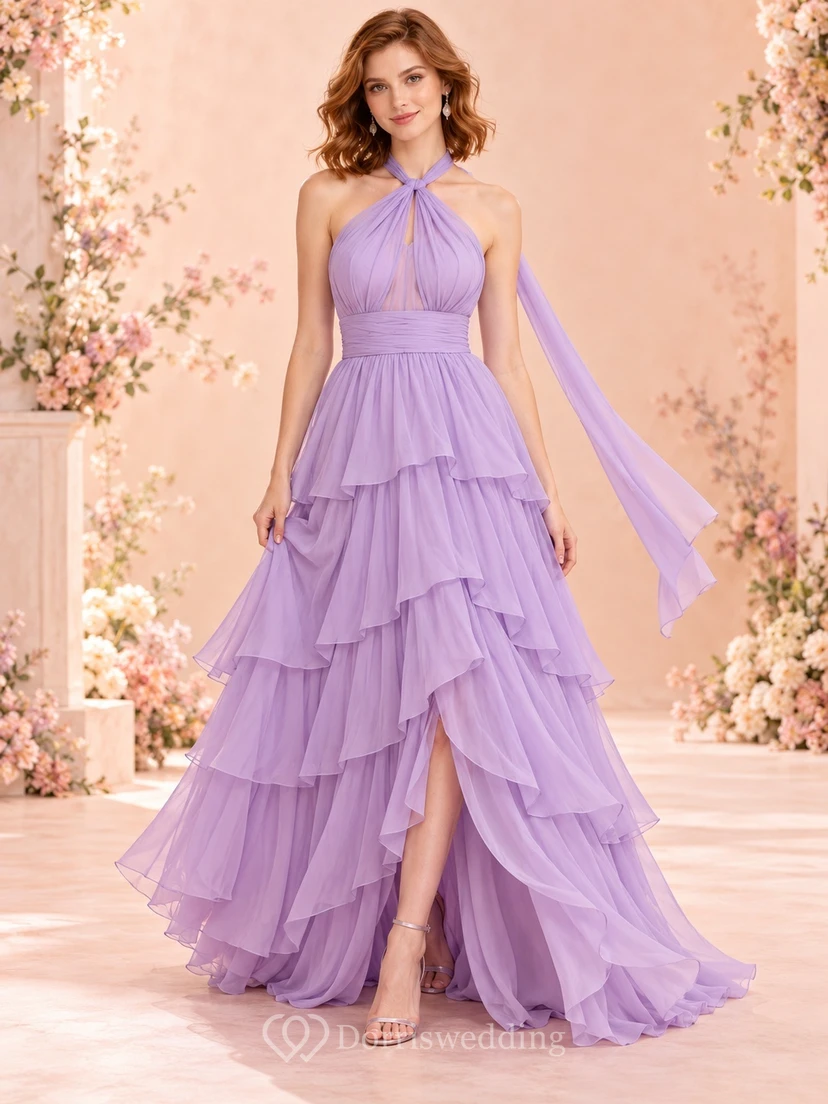 High-low Lavender Twisted Halter Scarf Back Tiered Formal Evening Gown