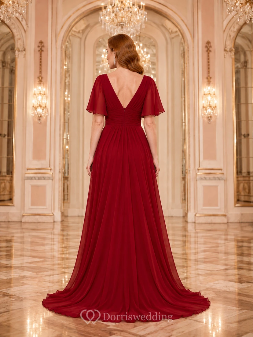 Rotes Chiffon-Abendkleid mit flatternden Ärmeln, V-Ausschnitt und A-Linien-Schnitt view 2