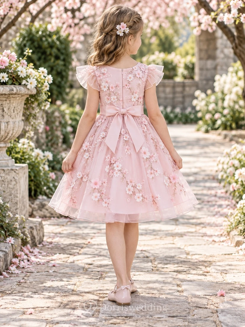 Tea-length Pearl Pink Flutter Sleeve Floral Applique Tulle Bow Flower Girl Dress view 2