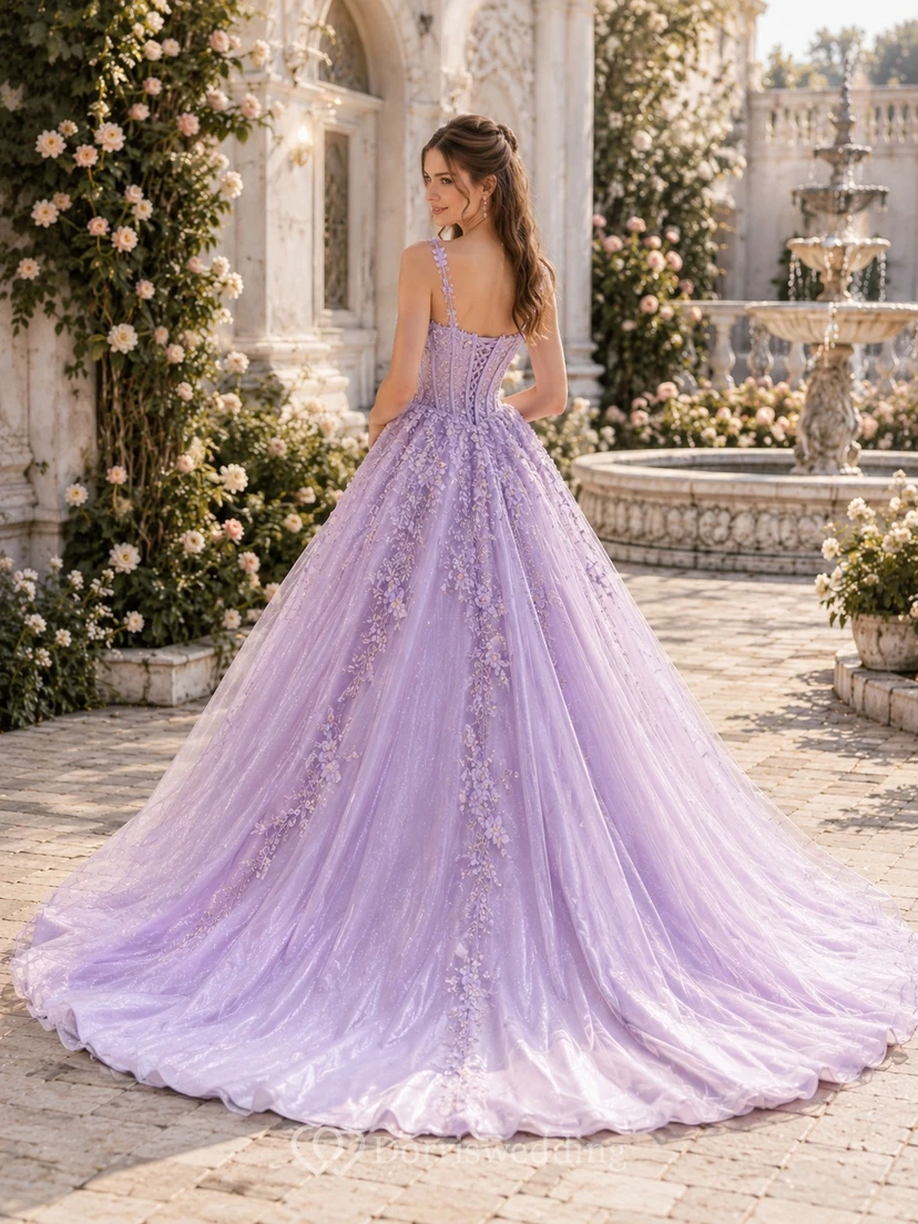 Lavender Spaghetti Beaded Corset Tulle Ball Gown Floor-Length Luxury Prom Dress view 2