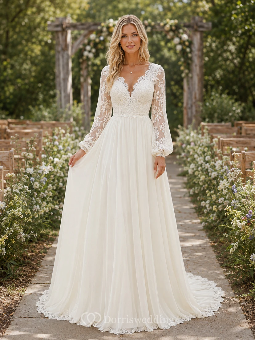 Affordable Boho Long Sleeve Lace Chiffon Garden Bridal Gown