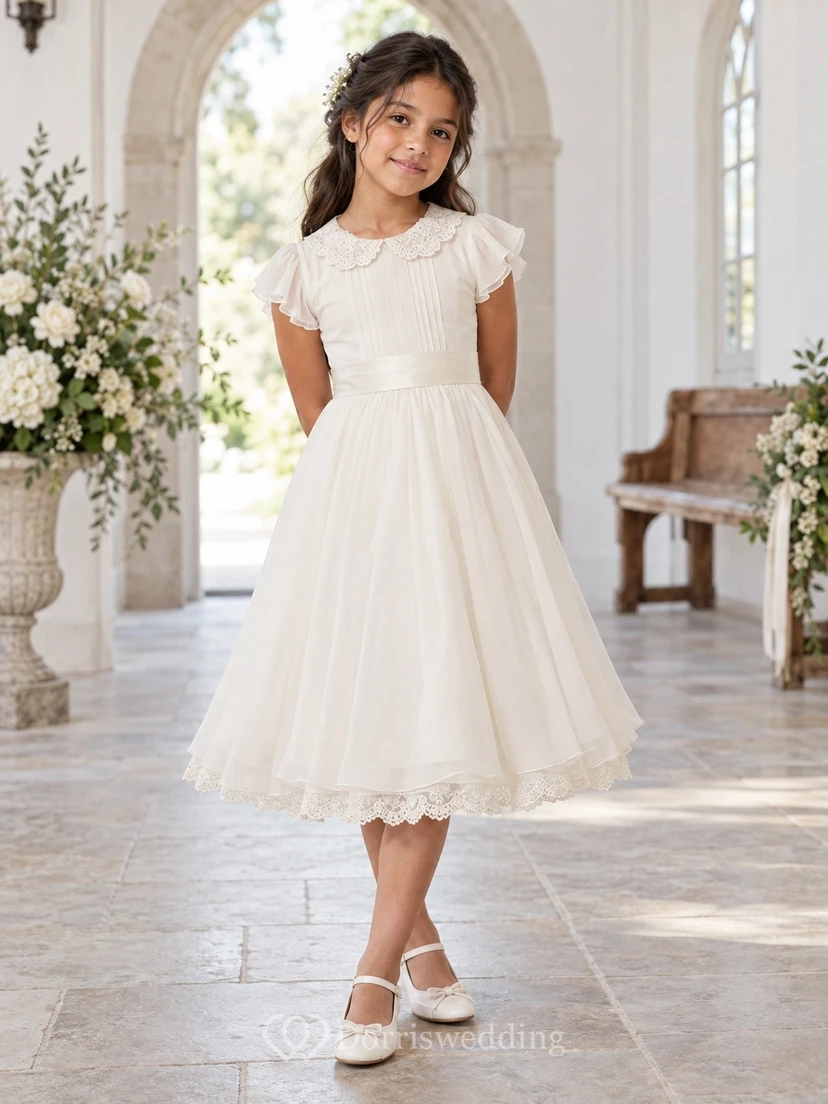 Teelanges Vintage-Kleid in Elfenbein mit A-Linien-Schnitt, Tüllkragen und Biesen für Blumenmädchen